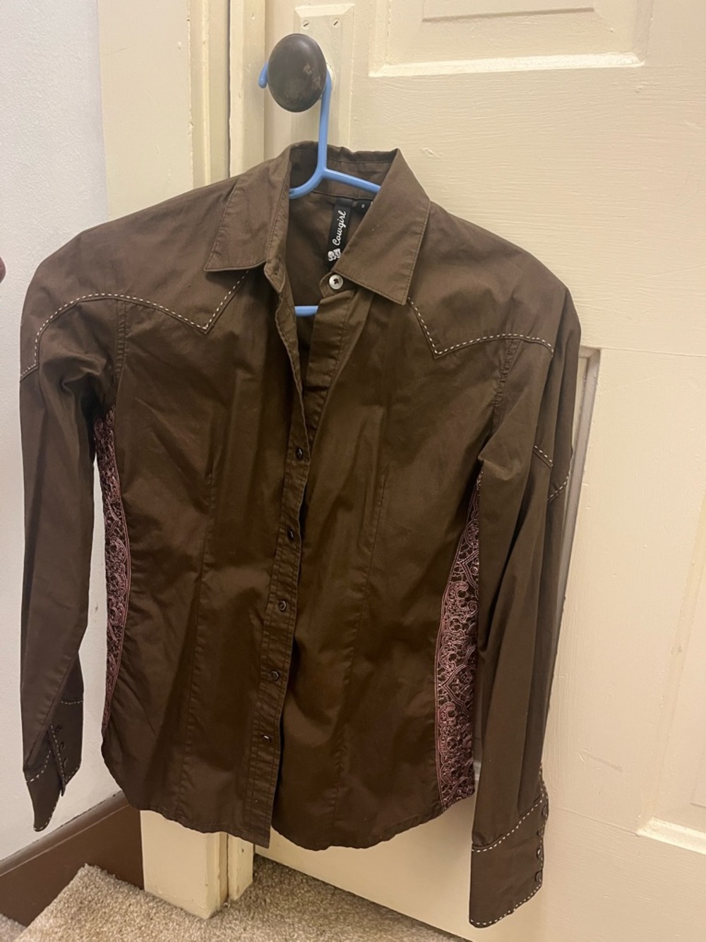 RU Cowgirl Brown Western-Style Snap-Up Shirt with Pink Lace Side Panels